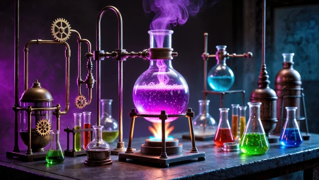 Bubbling Purple Potion in Glass Flask with Neon Glow