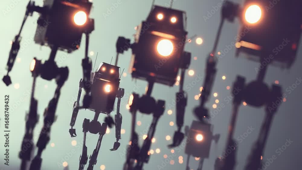 Poster army of robots marching in a dystopian future