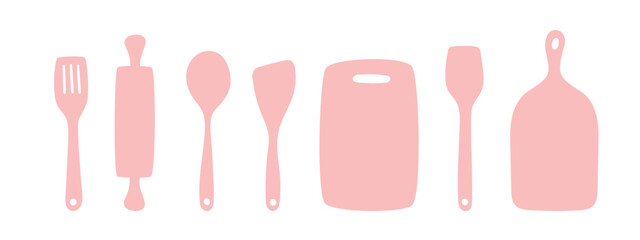 Clean pink silhouettes of spatula, spoon, rolling pin, and cutting board – versatile vector for food graphics, kitchen prints, and cooking-related projects.
