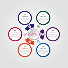 Business progress or process visualization with 6 steps circular white diagrams | Infographic coloured radial wheel marketing chart | Modern abstract innovation for presentation, report