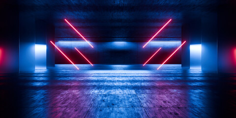 Modern Underground Massive Concrete Cement Blocks Hallway Room Tunnel Corridor Bunker Hangar Realistic Stage Lights Empty Warehouse 3D Rendering