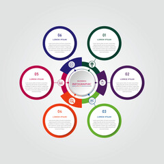 Obraz premium Business progress or process visualization with 6 steps circular white diagrams | Infographic multi colour radial wheel marketing chart | Modern abstract innovation for presentation, report