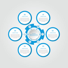 Business progress or process visualization with 6 steps circular white diagrams | Infographic cyan-blue radial wheel marketing chart | Modern abstract innovation for presentation, report