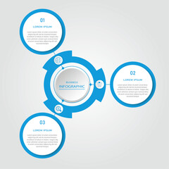 Business progress or process visualization with 3 steps circular white diagrams | Infographic blue radial wheel marketing chart | Modern abstract innovation for presentation, report