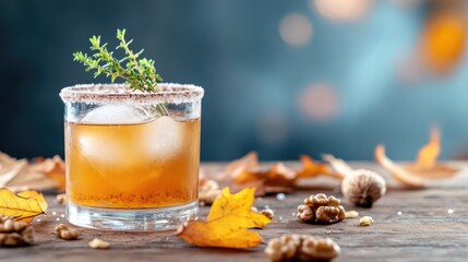 Autumn cocktail with ice and thyme garnish on wooden table surrounded by leaves and walnuts