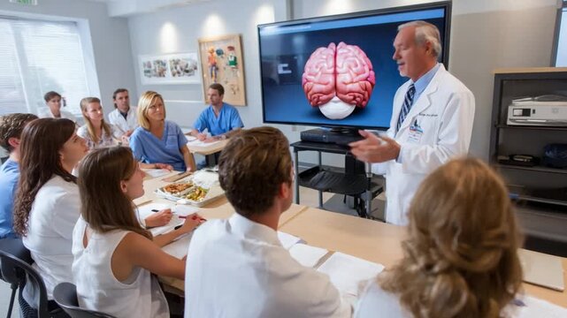 Medical Lecture in the Classroom: A seasoned lecturer, flanked by an eager audience, delivers an engaging lesson.