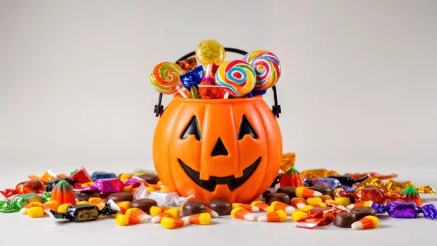 Festive Pumpkin Bucket Surrounded by Assorted Halloween Treats
