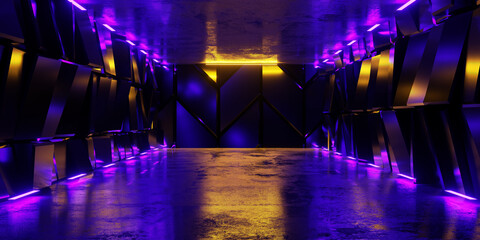 Modern Alien Tunnel Corridor Spaceship Blue Glow Lasers Room Garage Hangar Warehouse Sci Fi Futuristic Metal Mesh Panels Structure Stone Floor Showroom Garage Lights 3D Rendering