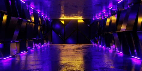 Modern Alien Tunnel Corridor Spaceship Blue Glow Lasers Room Garage Hangar Warehouse Sci Fi Futuristic Metal Mesh Panels Structure Stone Floor Showroom Garage Lights 3D Rendering © IM_VISUALS