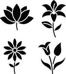 Obraz premium Elegant Black Flower Silhouette Icons – Lotus, Lily, Daisy, and Tulip Designs..eps