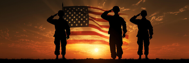 Veterans day patriotic american flag soldiers salute sunset silhouette