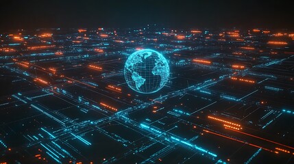 Global digital network concept with binary code on a blue technological background