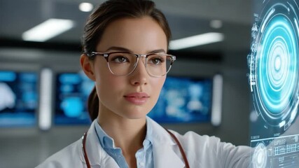Scientist Woman Exploring Futuristic Interface: A focused female scientist, adorned in a lab coat and glasses, interacts with an advanced holographic interface. - Powered by Adobe
