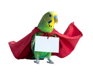 Green and Yellow Budgie in Red Cape Holding Blank Sign