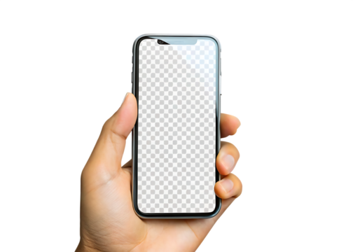 Hand holding silver smartphone with transparent screen isolated on a transparent background