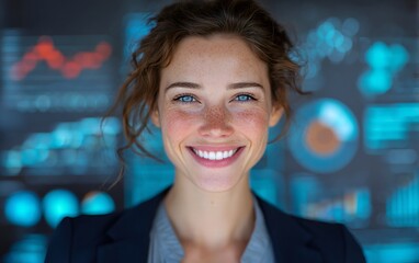 Obraz premium Joyful businesswoman with frothy skin smiling at holographic analytics dashboard for data insights