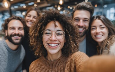 Fototapeta premium Happy group of people smiling together while taking a group selfie after a meeting celebration