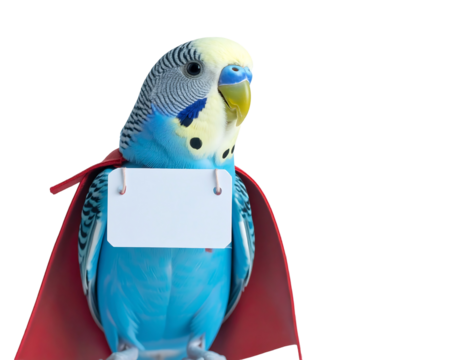 Blue Budgie Superhero with Blank Sign