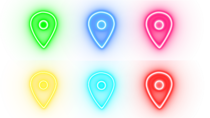 Six vibrant neon location pin icons in different colors including green blue pink yellow cyan and red isolated on transparent background