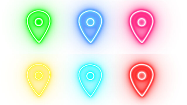 Six vibrant neon location pin icons in different colors including green blue pink yellow cyan and red isolated on transparent background
