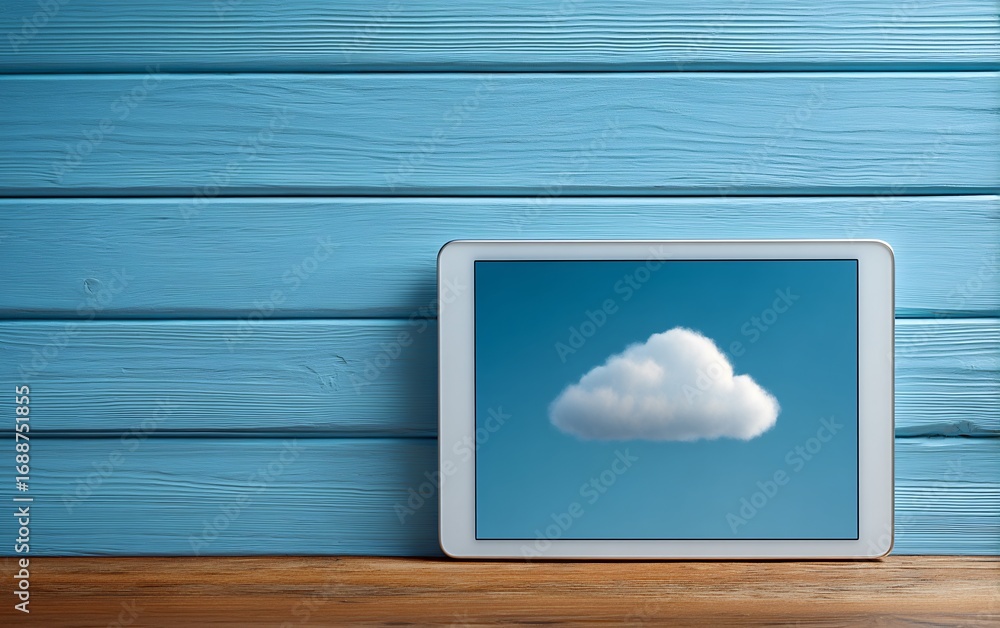 Fototapete minimal setup with tablet displaying cloud interface concept in a modern digital workspace