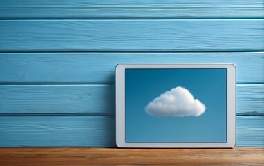 Fototapeta premium Minimal setup with tablet displaying cloud interface concept in a modern digital workspace