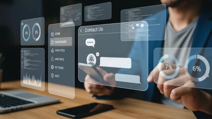 A businessman using smartphone with digital interface for contact, analytics dashboard, settings, and technology innovation in modern workspace, interactive virtual screen communication - Powered by Adobe