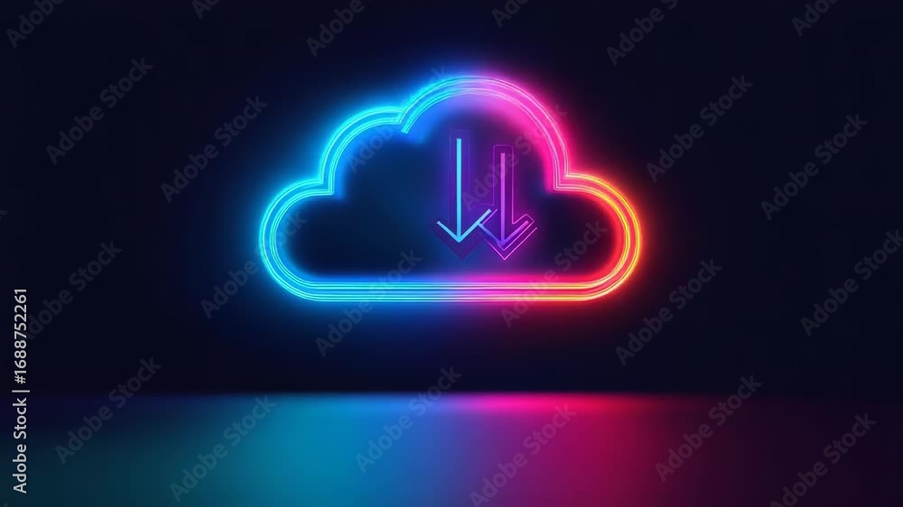 Poster neon cloud computing downloading data in futuristic server room