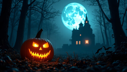 A pumpkin with a scary face is sitting in the middle of a forest