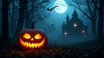 Fototapeta premium A pumpkin with a scary face is sitting in a field next to a castle