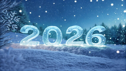 Icy 2026 New Year's Greeting on Snowy Landscape