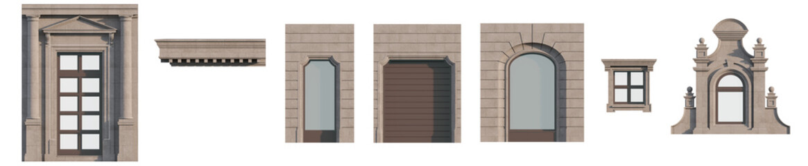 Neoclassical architectural kit: isolated facade elements for design projects. Isolated png on a transparent background premium cutout (Classical doors, window frames, balcony railings, columns & etc.)