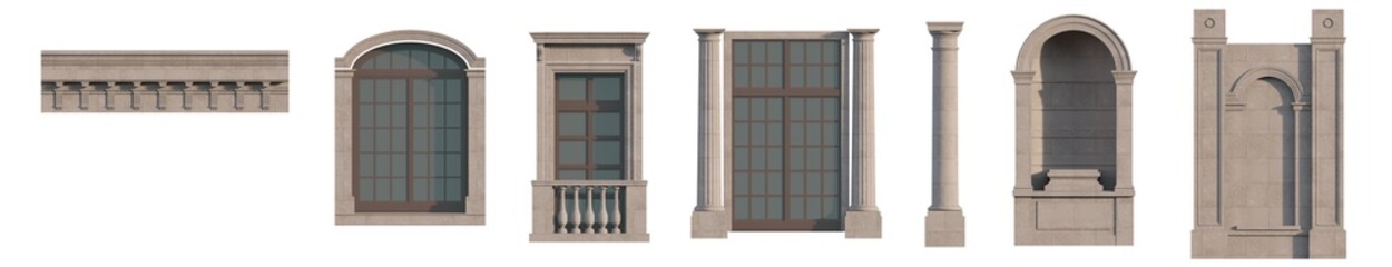 Neoclassical architectural kit: isolated facade elements for design projects. Isolated png on a transparent background premium cutout (Classical doors, window frames, balcony railings, columns & etc.)