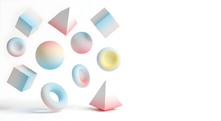 Floating Geometric Shapes with Soft Pastel Gradient Colors on White