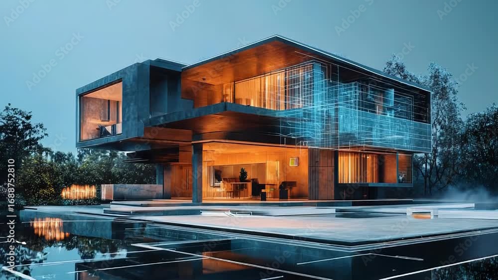 Poster modern sustainable house project showing architectural wireframe structure overlaid on building