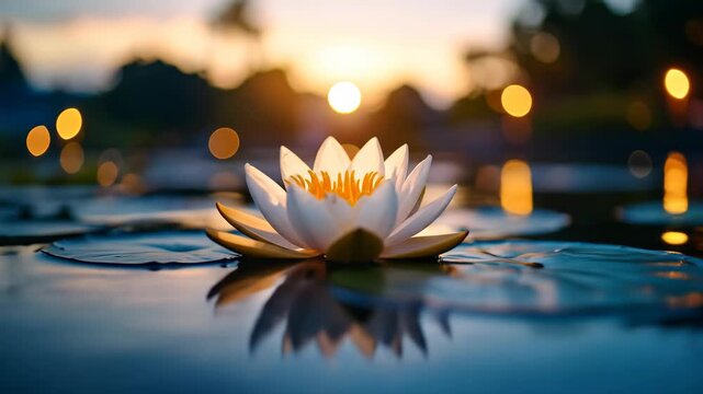 A serene white lotus flower with a vibrant yellow center floats peacefully on calm water, surrounded by lily pads. Warm, blurred sunset lights reflect on the water, creating a tranquil and spiritual m