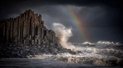 Dark Stormy Coastline with Rocky Cliffs Tall Waves and Rainbow