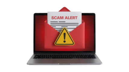 Urgent scam alert notification on laptop screen with warning symbol and red envelope, digital security risk concept for online safety