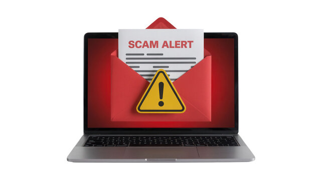 Urgent scam alert notification on laptop screen with warning symbol and red envelope, digital security risk concept for online safety - Powered by Adobe
