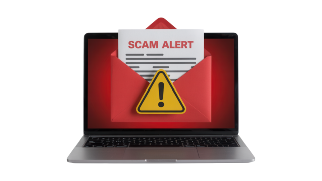 Urgent scam alert notification on laptop screen with warning symbol and red envelope, digital security risk concept for online safety