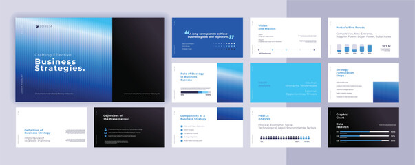 Abstract powerpoint presentation templates set, blue color identity presentation background, banner template, brochure, landing page, company profile, business design package set, vector illustration.