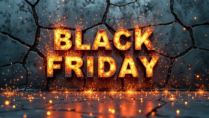 Black friday sale: fiery text design with crackling sparks on cracked surface