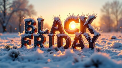 Black friday sign covered in snow at sunrise in winter landscape