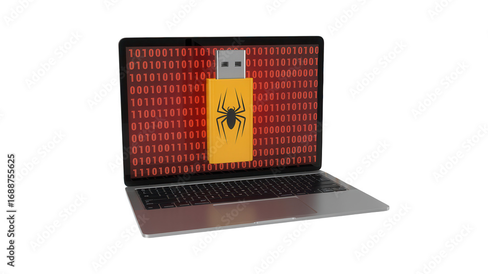 Poster cyber threat alert: usb drive with spider logo infiltrates laptop displaying red binary code, signal