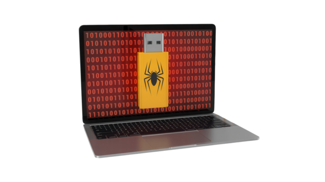 Cyber threat alert: USB drive with spider logo infiltrates laptop displaying red binary code, signaling digital danger and security breaches.