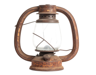 Rusty Antique Oil Lantern with Clear Glass Globe on Transparent Background