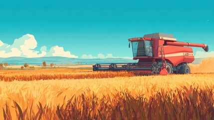 Obraz premium A combine harvester operates in a golden wheat field surrounded by rolling hills under a bright blue sky with fluffy clouds. The scene captures the essence of rural farming and nature.