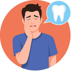 Illustration of a man with a toothache, symbolizing dental pain, an oral health problem, or a visit to the dentist.