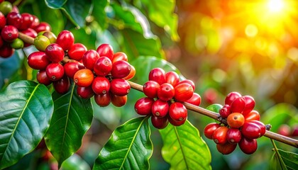 Sun-kissed coffee plant with abundant ripe red cherries on green branches, ready for a bountiful harvest