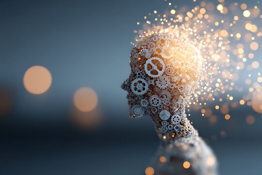 Human head silhouette made of gears emitting bright light particles